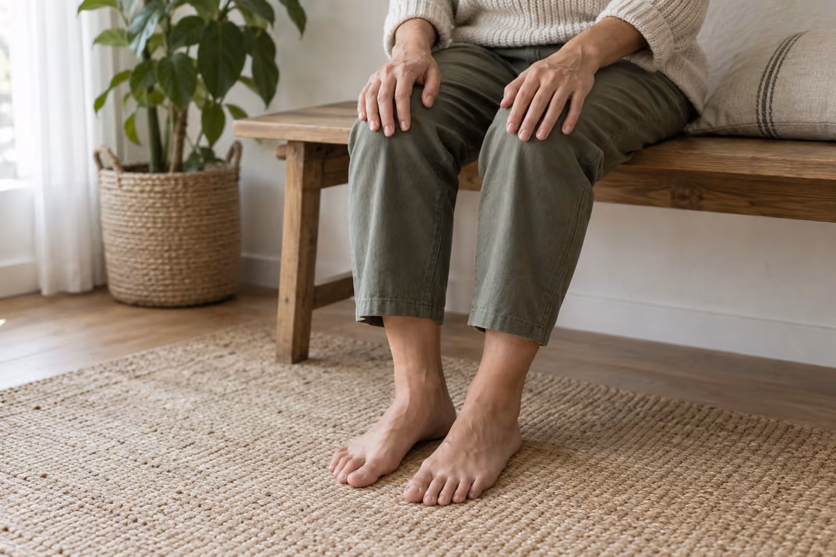 An adult resting one hand near a bare foot in natural window light.