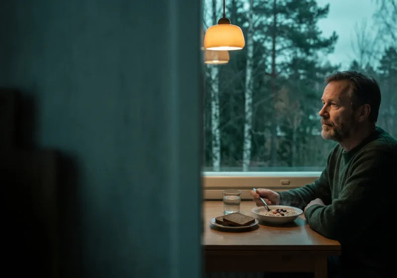 Nordiskt dokumentärfoto i skymningen: en man i 55–60-årsåldern med kort gråsprängt hår och grått skägg, klädd i mörkgrön ylletröja, sitter vid ett köksbord i trä vid ett stort fönster till höger i bilden och tittar ut mot björkar och tallar under en mulen teal-färgad himmel. Han håller en sked över en skål gröt med blåbär, med ett glas vatten och två skivor mörkt rågbröd bredvid. En varmt bärnstensgul taklampa lyser över bordet, och den vänstra halvan är en mörk, oskarp vägg.