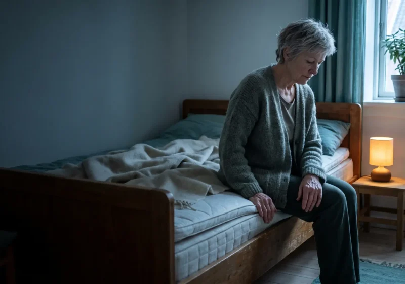 Documentary photo of a woman in her sixties with short grey hair and a grey-green knitted cardigan, sitting on the edge of a wooden bed in a dim Scandinavian bedroom at dawn, looking down, one hand on the mattress and one on her knee. A small warm lamp glows on the bedside table and a plant stands in the window. The left half of the image is a dark, empty wall and bed.