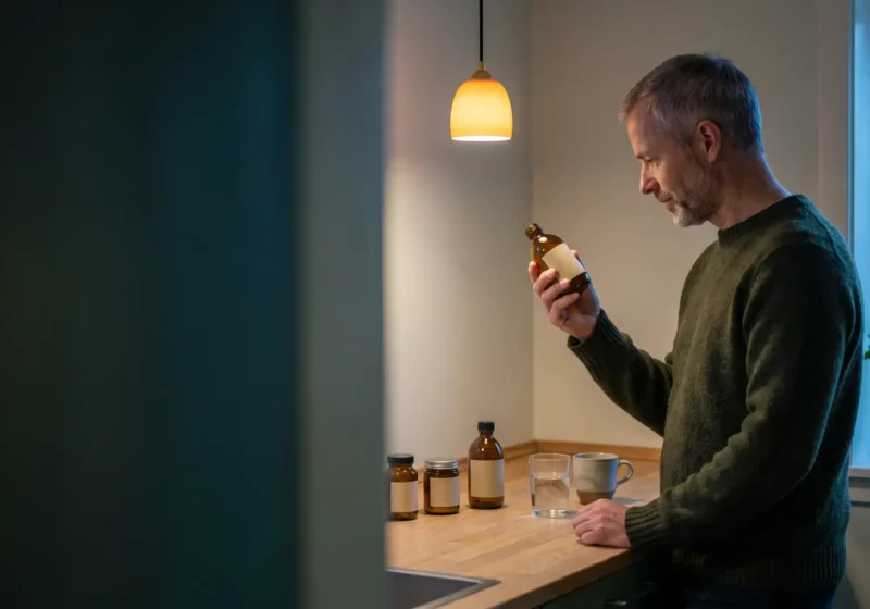 En man med kort grått hår och grått skägg i mörkgrön ulltröja står vid en ljus köksbänk av trä i skymningen, sedd från sidan, och läser på den tomma etiketten på en liten brun glasflaska som han håller upp. På bänken står ytterligare tre små bruna flaskor och burkar med tomma etiketter, ett glas vatten och en keramikmugg. En varm taklampa lyser ovanför, en grön växt står vid fönstret och bildens vänstra del är en mörk blågrön vägg.