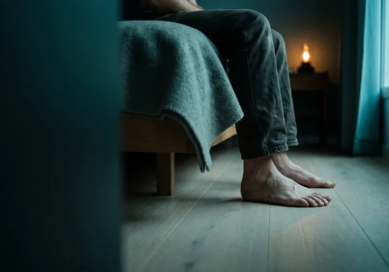 Fotografi av en vuxen som sitter på kanten av en träsäng på natten, sett från sidan i golvhöjd: mörka jeans, en gröngrå ullfilt och två bara fötter på ett ljust ekgolv, med kallt fönsterljus och en liten varm lampa i bakgrunden.