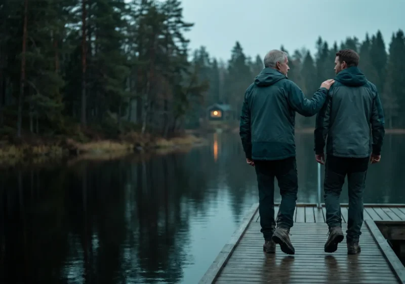 Nordiskt dokumentärfoto i skymning: två män i mörka tealfärgade friluftsjackor och kängor, en äldre gråhårig man och en yngre man, går sida vid sida ut på en träbrygga vid en stilla skogssjö, sedda bakifrån. Den äldre mannen har handen på den yngres axel. På andra sidan vattnet står en liten stuga med ett varmt upplyst fönster bland tallarna, och bildens vänstra halva är mörk skog och stilla vatten.
