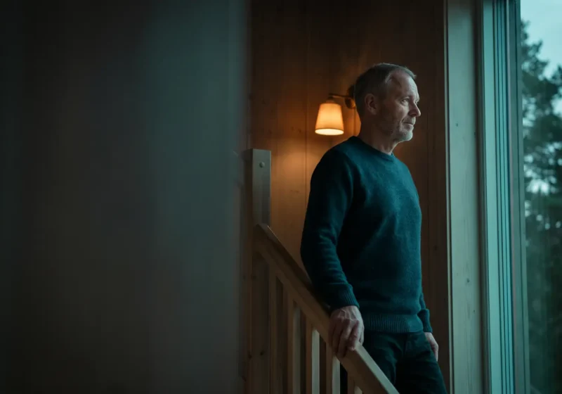 Nordic documentary photo at dusk: a man in his early sixties with short grey hair and a short grey beard, wearing a dark teal knitted sweater, stands at the top of a wooden staircase with one hand resting on the handrail and looks calmly out of a tall window on the right, where pine trees stand against an overcast sky. A warm wall lamp glows on the wood-panelled wall behind him, and the left half of the frame is a dark, out-of-focus wall.