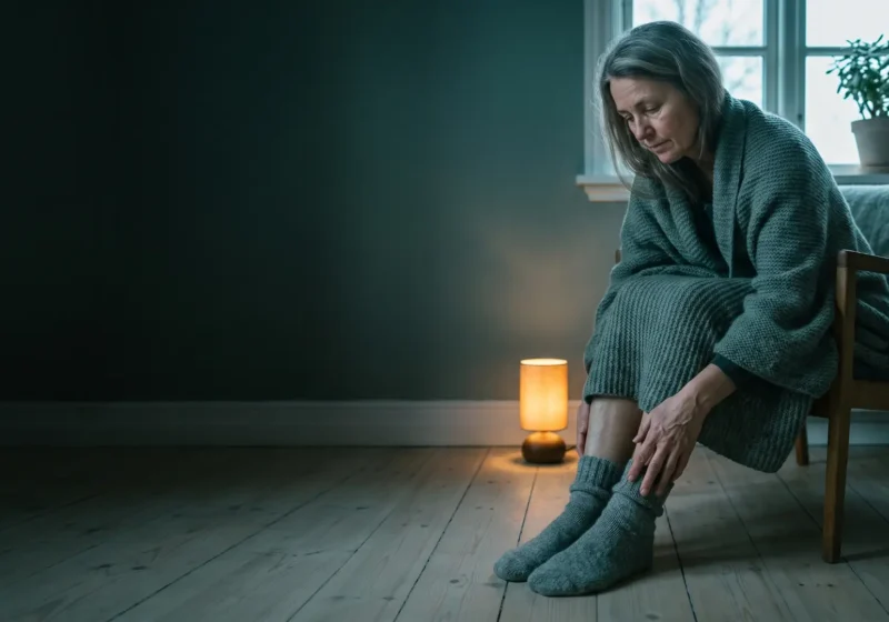 Documentary photo of a woman in her sixties with long grey hair, wrapped in a grey-green knitted blanket, sitting on the edge of a wooden armchair in a dim Scandinavian room at dusk and looking down as she holds her lower legs above thick grey wool socks on a pale wooden floor. A small warm lamp glows on the floor behind her, and a window with a potted plant is on the right. The left half of the image is a dark, empty teal wall.
