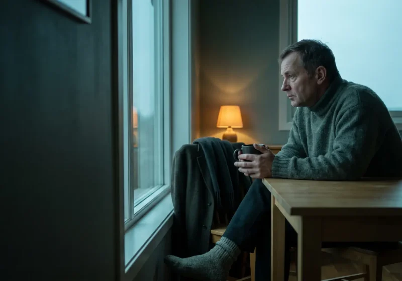 En man i sextioårsåldern i grågrön ylletröja sitter vid ett ljust träbord intill ett fönster i ett dunkelt skandinaviskt rum. Han håller en mörk mugg med båda händerna och tittar ut genom fönstret. Över stolen bredvid hänger en yllerock och en halsduk, han har tjocka grå ullsockor på fötterna och en liten bordslampa lyser varmt bärnstensgul i hörnet. Ljuset utanför är kallt och blågrått, och bildens vänstra del är en mörk, slät vägg.