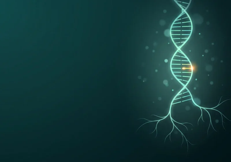 Konceptillustration mot en djupt tealfärgad bakgrund: till höger löper en lysande mintgrön DNA-spiral ner från bildens överkant, och ett av dess steg lyser med ett litet varmt bärnstensfärgat sken. Längre ner delar sig de två strängarna och grenar ut sig i fina, rotliknande nervtrådar. Mjuka, suddiga ljusprickar svävar runt spiralen, och bildens vänstra del är mörk och tom.