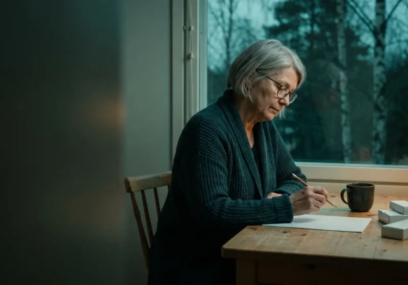Nordic documentary photo at dusk: a woman in her early sixties with chin-length grey hair and glasses, wearing a dark teal knitted cardigan, sits at a wooden kitchen table by a large window on the right of the frame and writes with a pencil on a sheet of lined paper. Three small plain white boxes without labels and a dark mug stand beside the paper, a warm lamp glows at the right edge, birch and pine trees are visible outside, and the left half is a dark, out-of-focus wall.