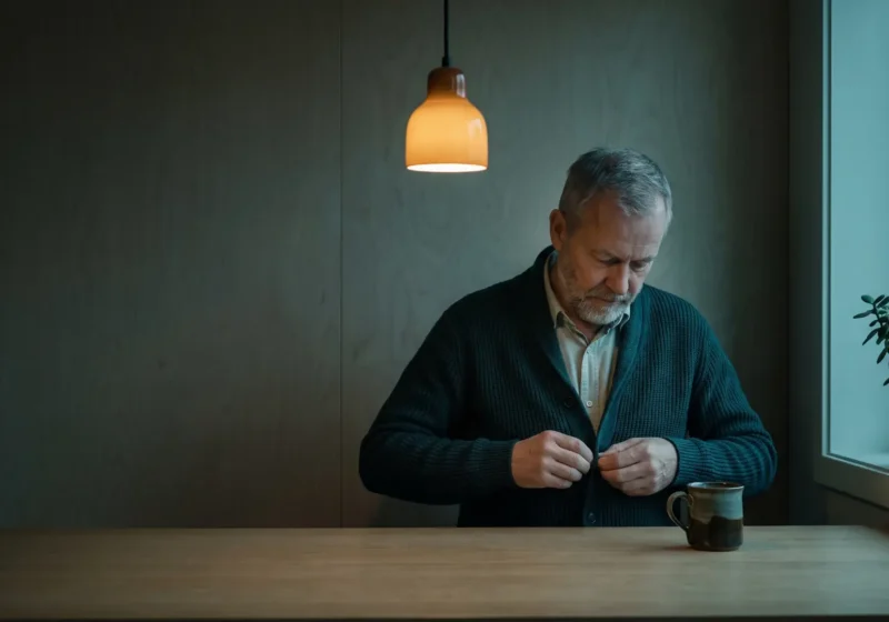 Documentary photo of a man in his sixties with short grey hair and a grey beard, wearing a dark teal knitted cardigan over a pale shirt, sitting at a light wooden table in a dim Scandinavian room at dusk and looking down as he fastens a cardigan button with both hands. A warm pendant lamp glows above him, a mug stands on the table and a plant sits in the window on the right. The left half of the image is a dark, empty wooden wall.