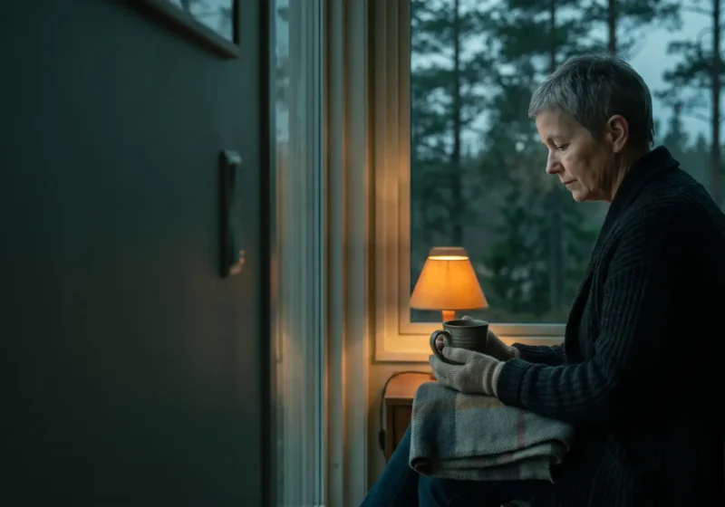 Nordiskt dokumentärfoto i skymningen: en kvinna i 60-årsåldern med kort grått hår och mörk stickad kofta sitter på en trästol vid ett stort fönster till höger i bilden och tittar ned på en keramikmugg som hon håller i båda händerna, klädda i ljusgrå ullhandskar. En hopvikt rutig ullfilt ligger i knät, en liten bordslampa lyser varmt bärnstensgult bredvid henne och utanför står mörka tallar under en mulen teal-färgad himmel. Den vänstra halvan är en mörk, slät vägg.