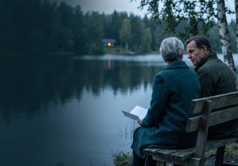 En kvinna med kort grått hår i mörkt blågrön ullkappa och en man i mörkgrön jacka sitter bredvid varandra på en väderbiten träbänk vid en stilla sjö i skymningen, sedda bakifrån. Kvinnan håller ett vikt, tomt papper och mannen vänder sig mot henne medan de pratar. Bakom dem står björkstammar, på andra sidan sjön syns en liten stuga med ett varmt upplyst fönster och bildens vänstra del är mörkt, stilla vatten och skog.