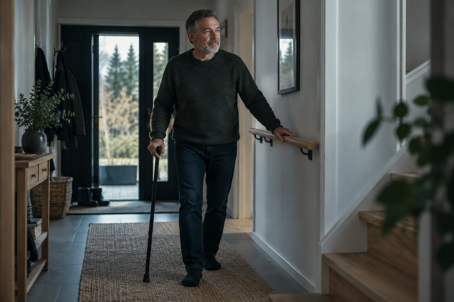 Adult walking through a home hallway using a cane and a wall rail for support.