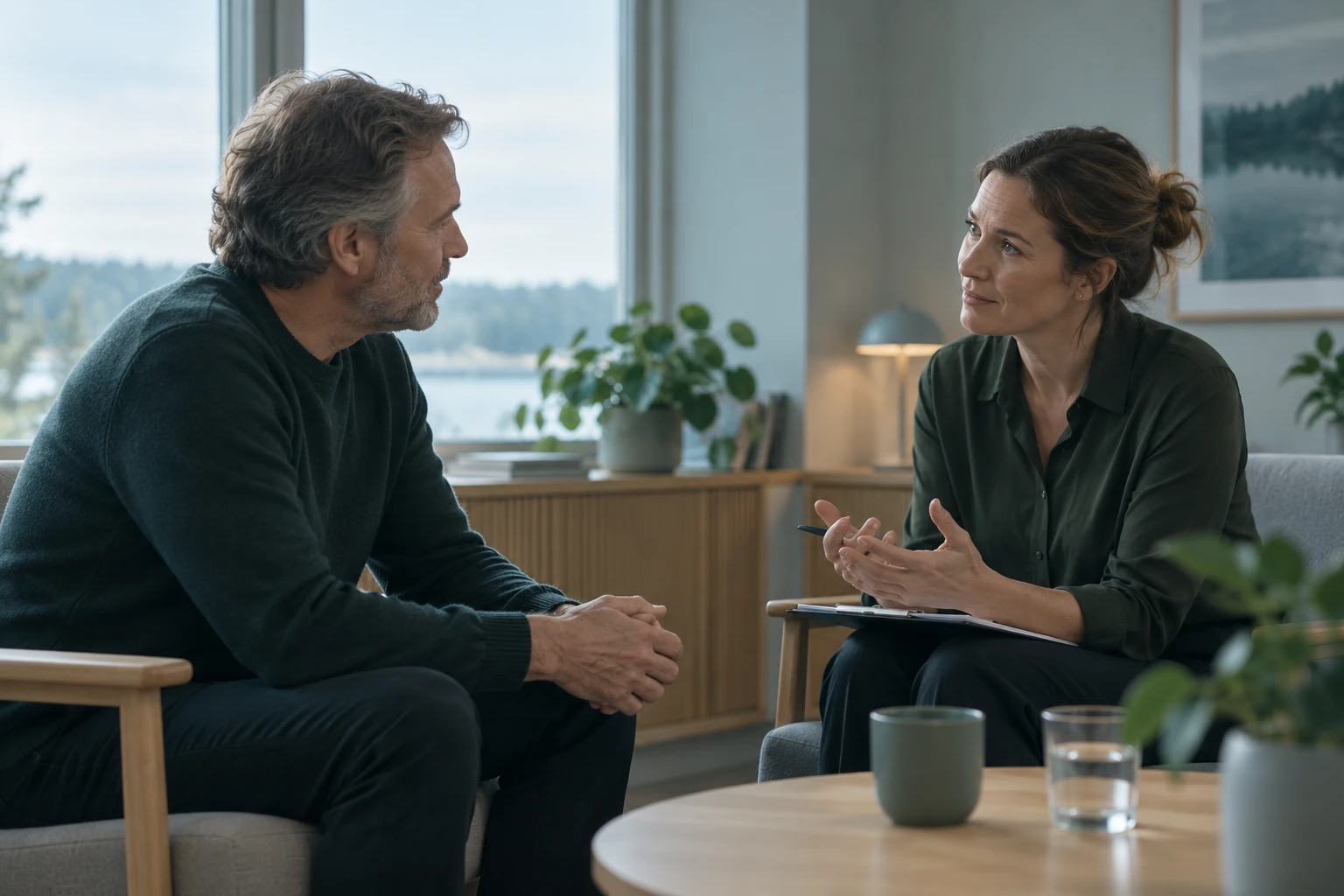 En vuxen patient och en vårdprofessionell har ett lugnt samtal i ögonhöjd i ett neutralt rum.