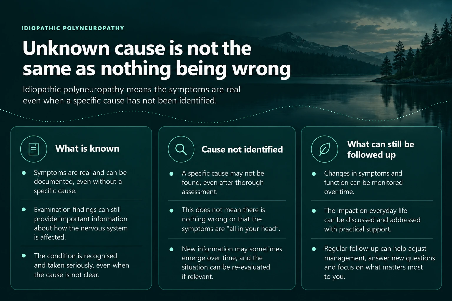 Tredelad infografik som skiljer mellan bekräftade fynd, okänd orsak och uppföljning.