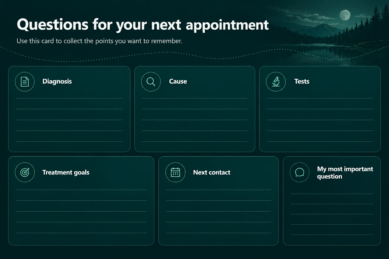 Appointment question card with fields for diagnosis, cause, tests, treatment goals and next contact.