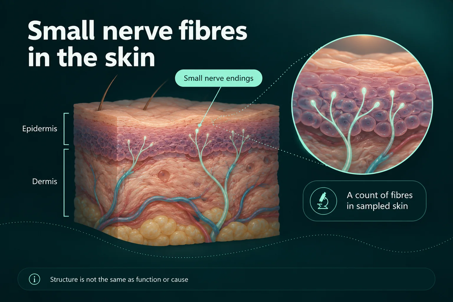 Skin layers with small nerve endings crossing into the epidermis.