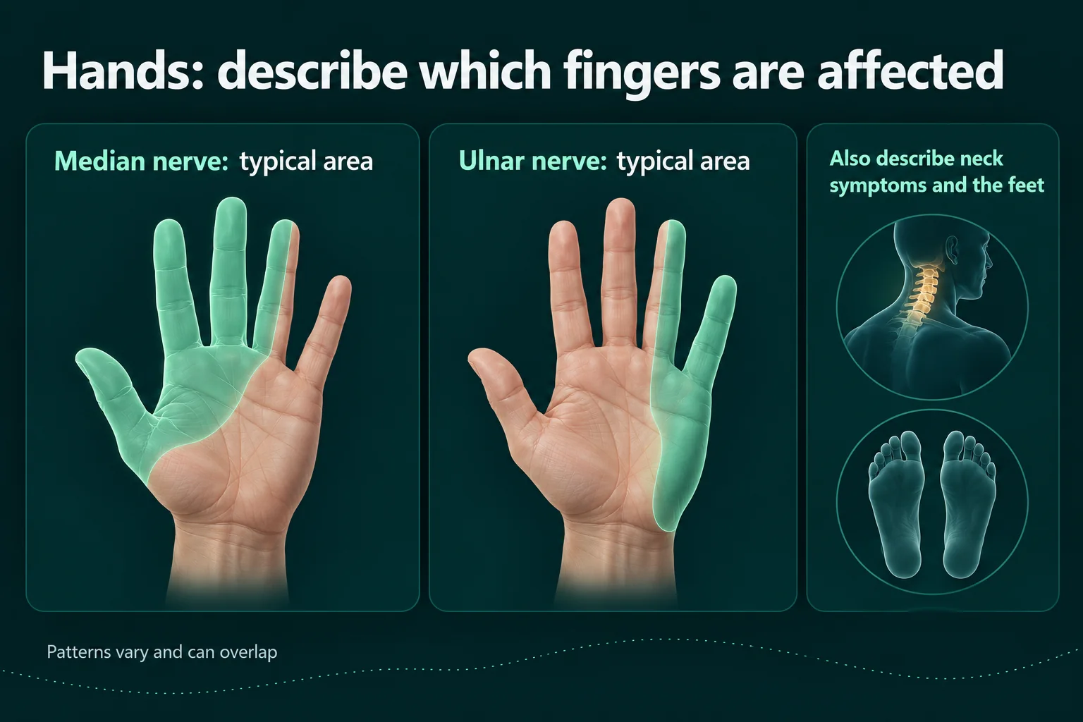 Two palms showing typical median and ulnar sensory distributions, with a reminder that assessment is broader than one hand pattern.