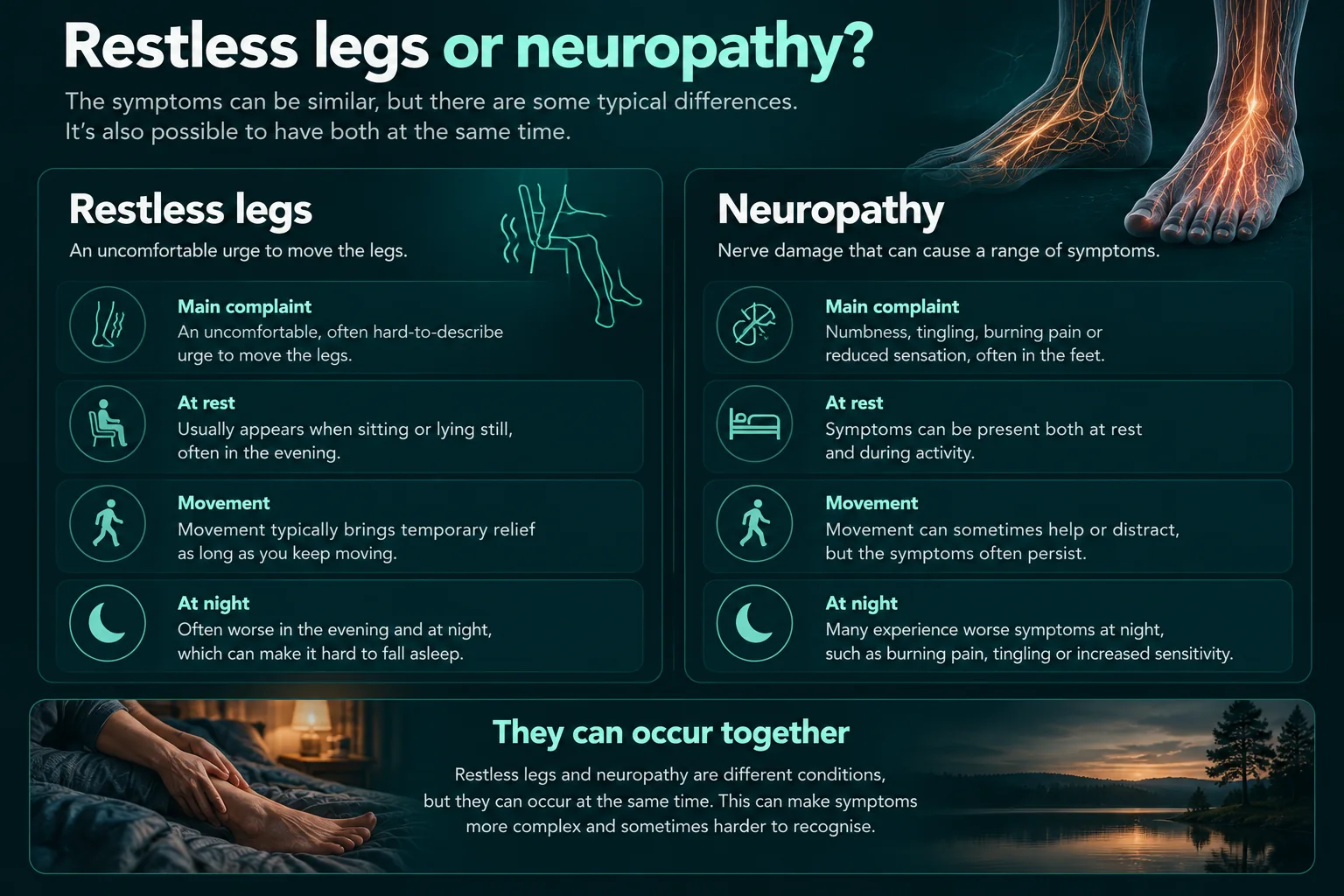 Side-by-side comparison of restless legs and neuropathy with a shared note about overlap.