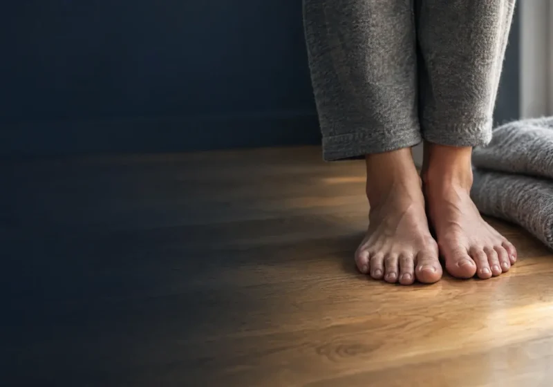 Bara fötter som står på ett varmt trägolv bredvid en hopvikt grå ullfilt i mjukt fönsterljus.