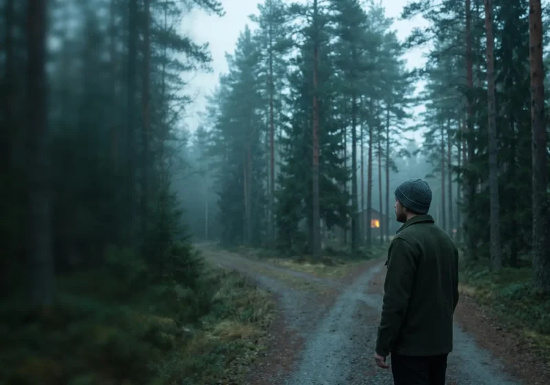 En man i femtioårsåldern i mörkgrön ulljacka och grå stickad mössa står bakifrån sett på en grusväg i skogen, precis där vägen delar sig i två. Det är skymning i en dimmig nordisk barrskog, och långt fram mellan träden lyser ett litet varmt ljus i fönstret på en stuga. Bilden går i kalla blågröna toner, och den vänstra halvan är mörk, oskarp skog.