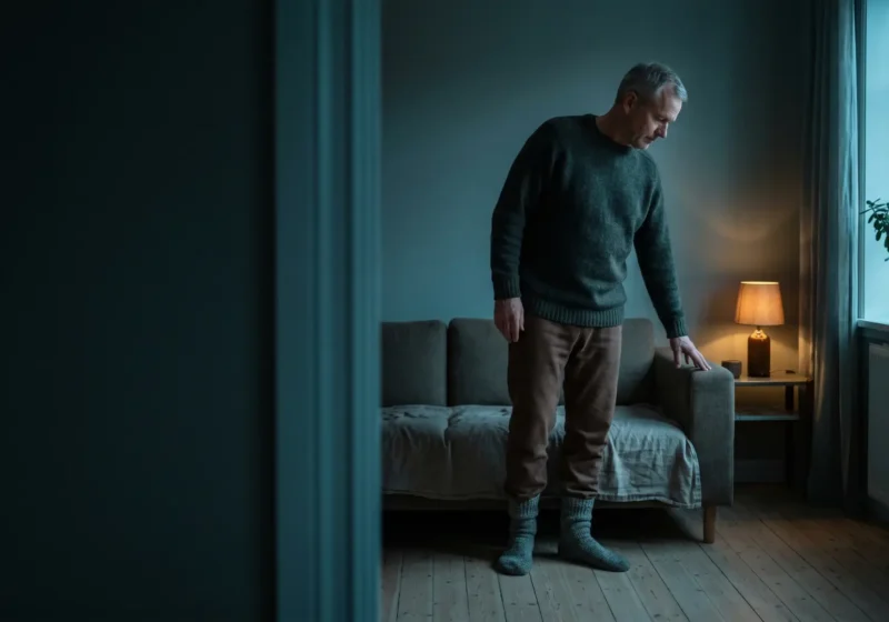 Documentary photo of a man in his sixties with short grey hair, in a dark green knitted sweater, brown trousers and grey wool socks, standing beside a grey sofa in a dim Scandinavian living room in the evening. He looks down at his legs with one hand resting on the sofa arm. A small warm table lamp glows behind him and a window with a potted plant is on the right. The left part of the image is a dark, empty wall and door frame.