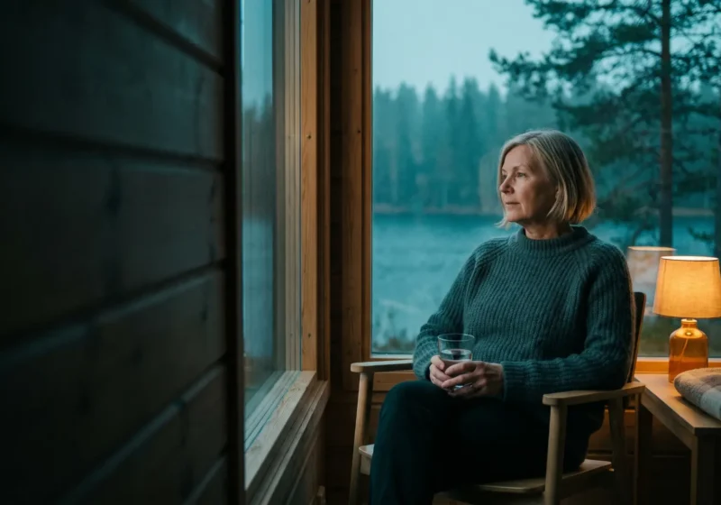 Nordic documentary photo at dusk: a woman in her late fifties with short grey-blonde hair and a dark teal knitted sweater sits in a light wooden armchair by a large window, holding a clear glass of water in both hands and looking out at a misty lake and pine forest. A warm table lamp, a green plant and a folded wool blanket stand beside her, and the left side of the frame is a dark wooden wall.